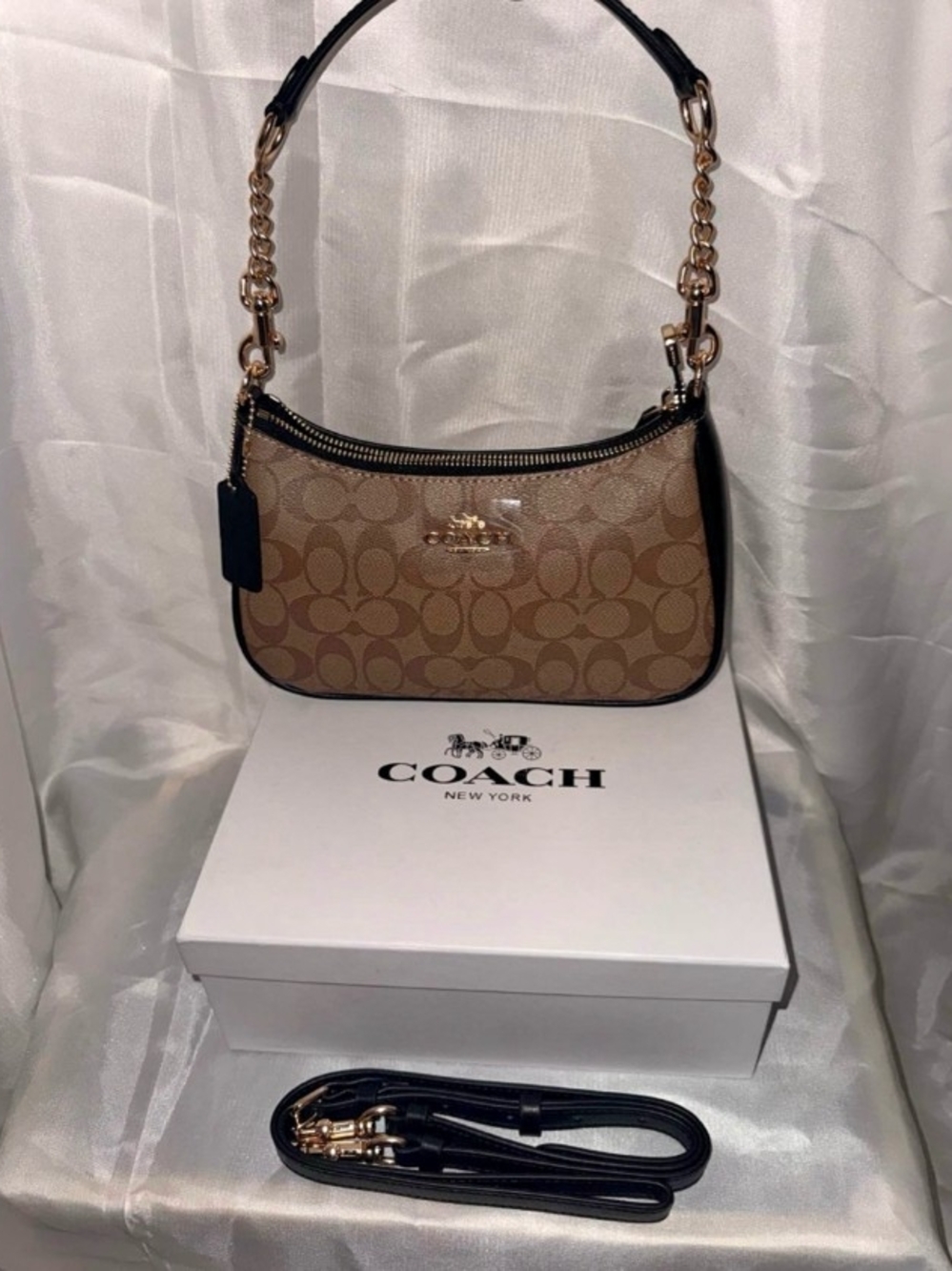 Coach Brown/Tan Signature Canvas Shoulder Bag with Black Trim